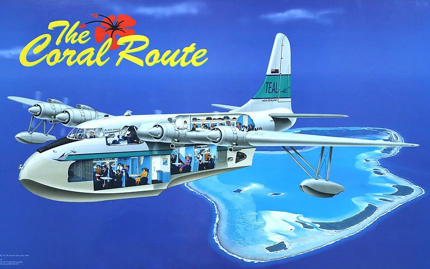 Cutaway Illustration of a Vintage Flying Boat Labeled the Coral Route with Passengers Inside, Flying over a Tropical Blue Lagoon and Atoll. 2-avion Coral Route 2 avion Coral Route Des Hydravions Dans Nos Lagons Laéronautique Racontée Par Albert Guilloux chevalier